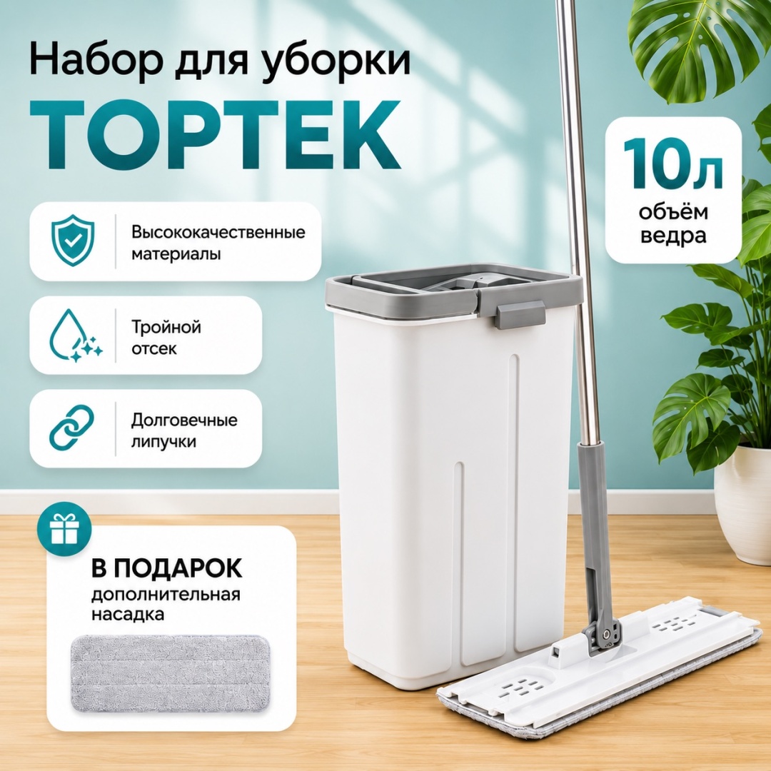 Комплект для уборки универсальная TopTek, материал насадки: микрофибра, фибра, серый