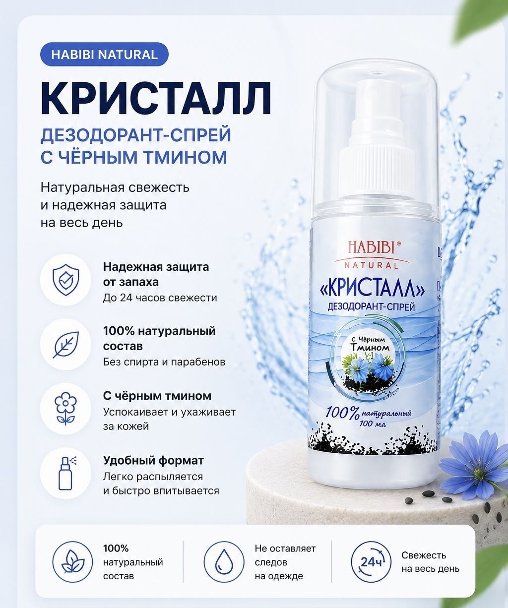 HABIBI Natural Кристалл с черным тмином без запаха дезодорант унисекс 100 мл