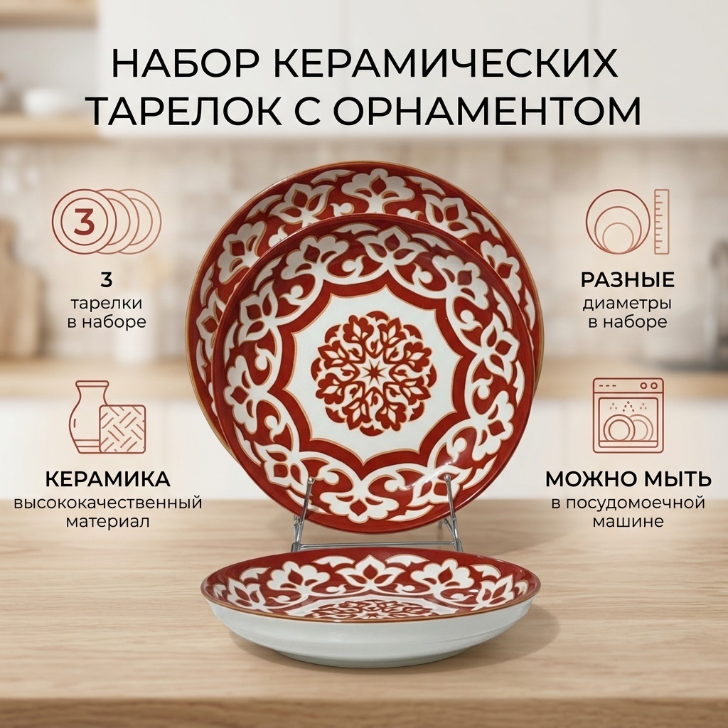 Набор тарелок 22 см, 3 шт, керамика
