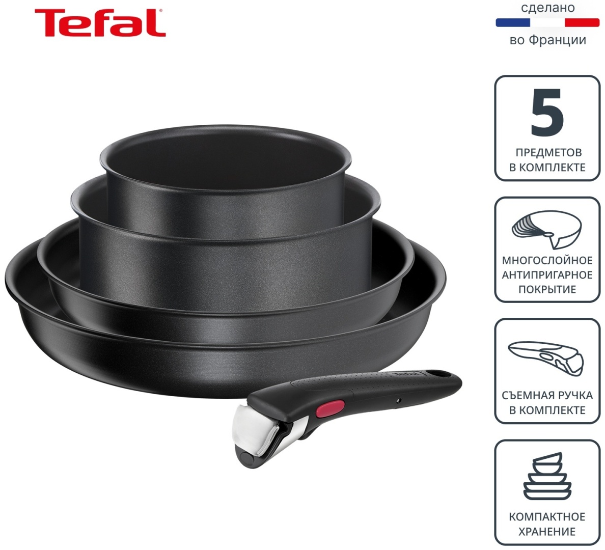 Набор посуды со съемной ручкой Tefal Ingenio Daily Chef Black 5 предметов 16/20/24/28 см L7629102