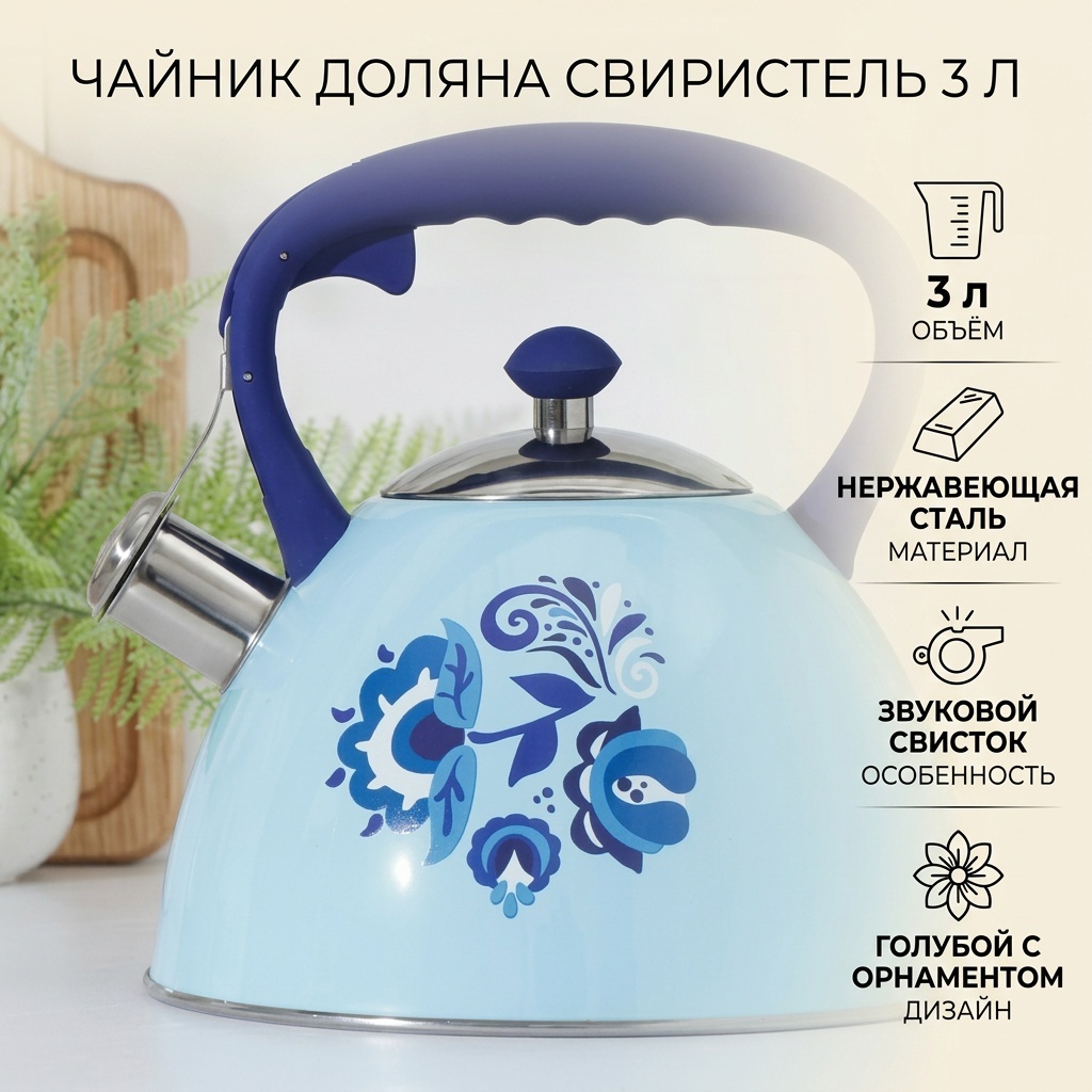 Доляна чайник Свиристель 5406056 3 л, нержавеющая сталь