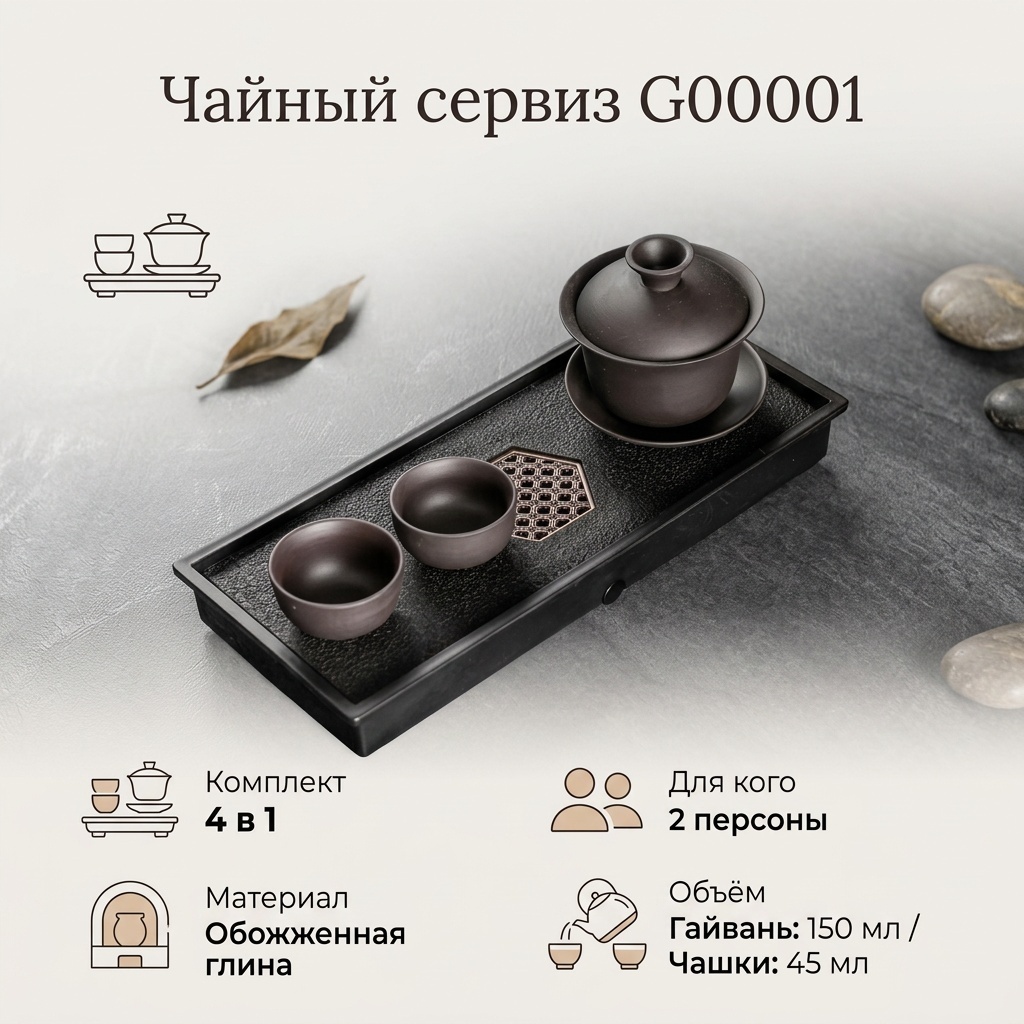 Сервиз на 2 персоны , предметов: 4, чайный, глина