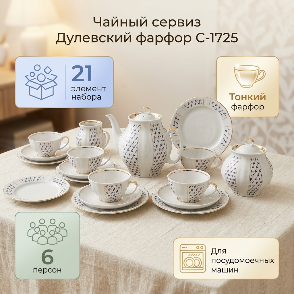 Сервиз на 6 персон Дулевский фарфор Изящество, предметов: 21, чайный, фарфор