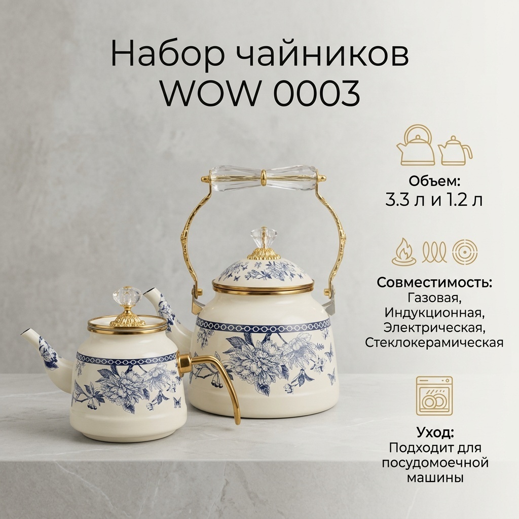 WOW набор чайников 0003 3.3 л, нержавеющая сталь, эмалированная сталь