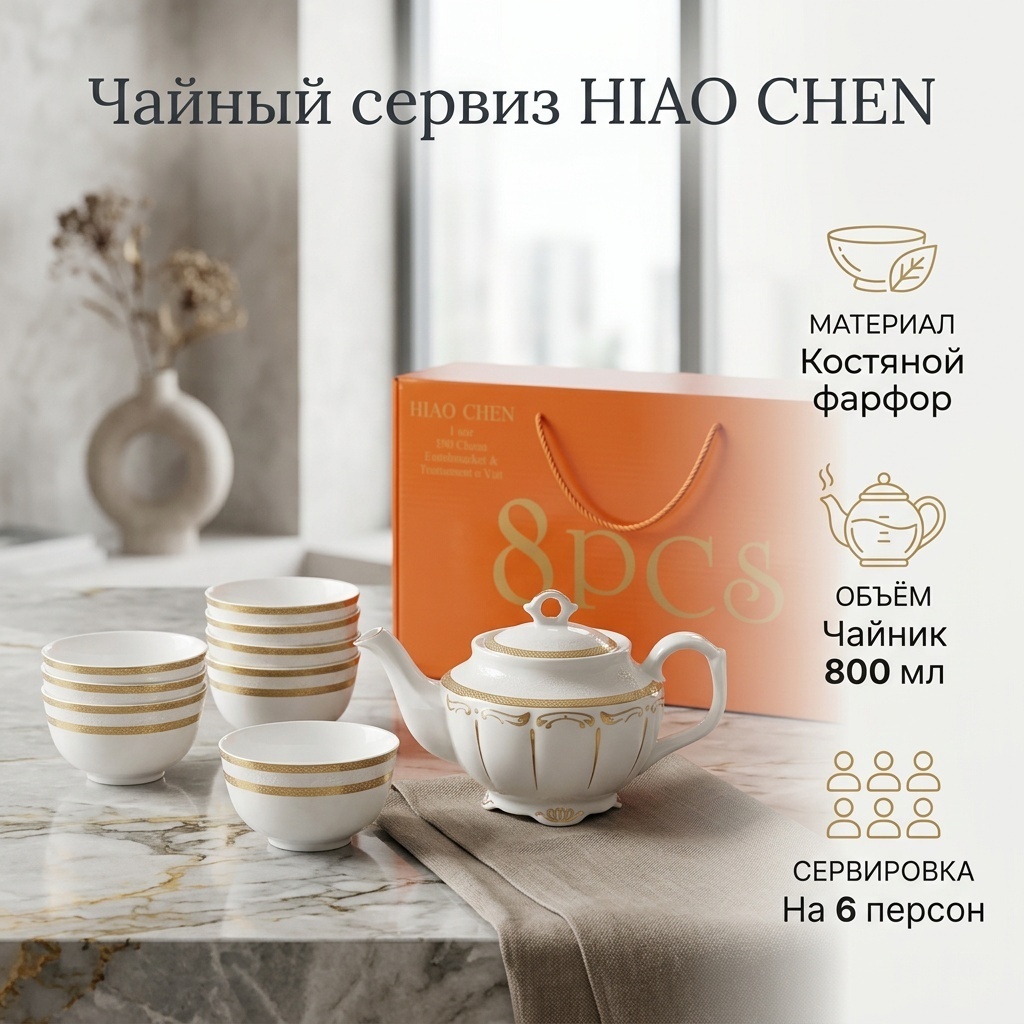 Сервиз на 6 персон , предметов: 8, чайный, костяной фарфор