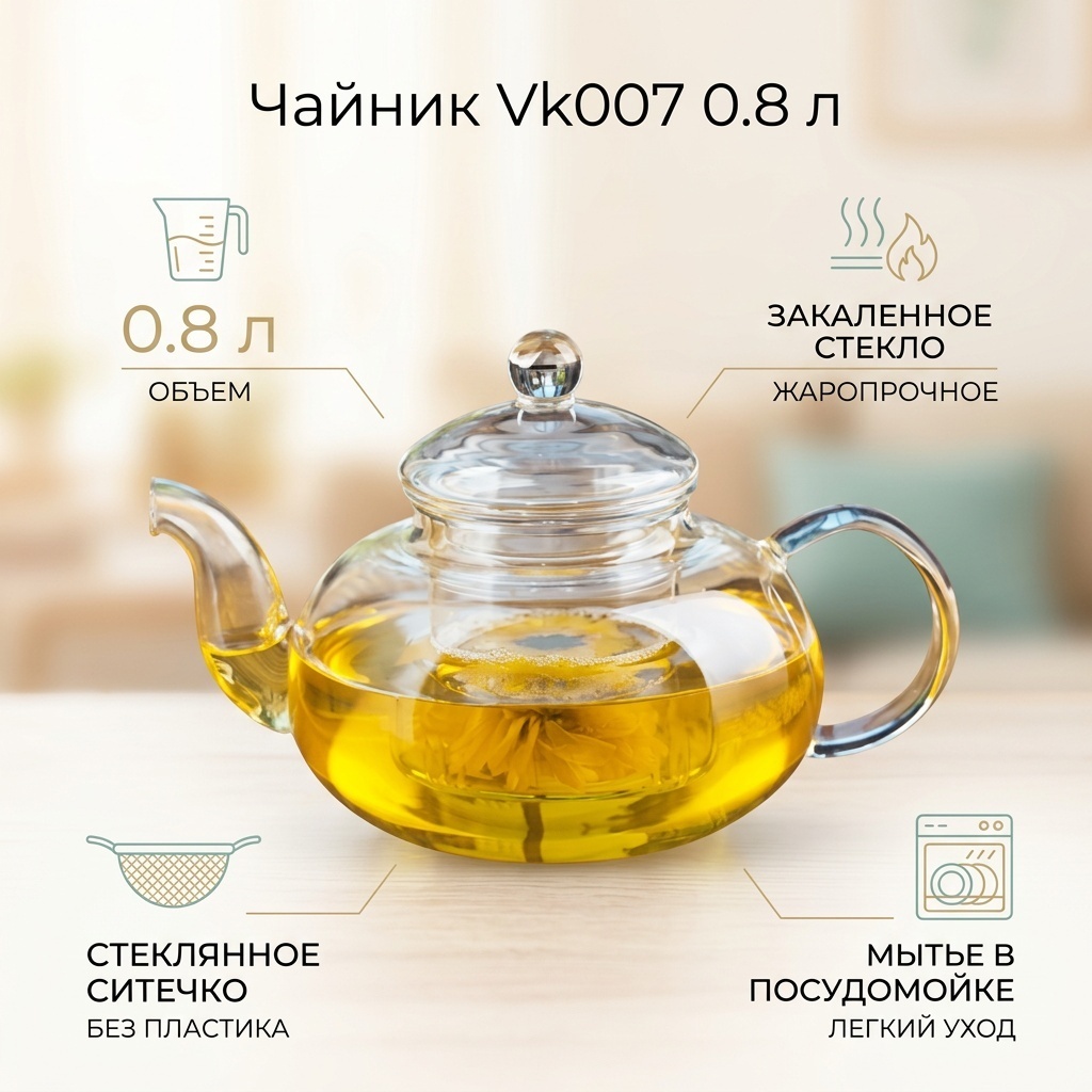 Чайник Vk007 0.8 л, закаленное стекло