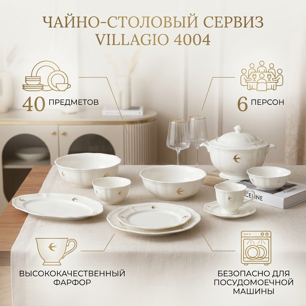 Сервиз на 6 персон VILLAGIO , предметов: 40, чайно-столовый, фарфор