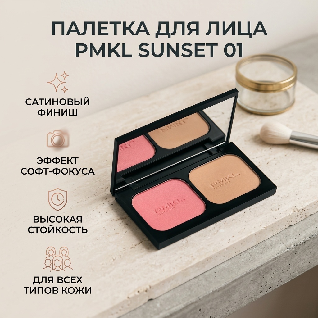 PMKL Палетка для лица/PMKL SUNSET face palette румяна, скульптор 01 – нежно-розовые румяна и светлый бронзер