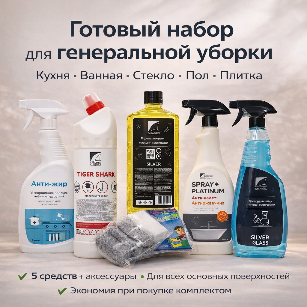 Platinum Sharks Набор бытовой химии для сантехники, для пола и стен, для кухонных поверхностей, для стеклянных поверхностей