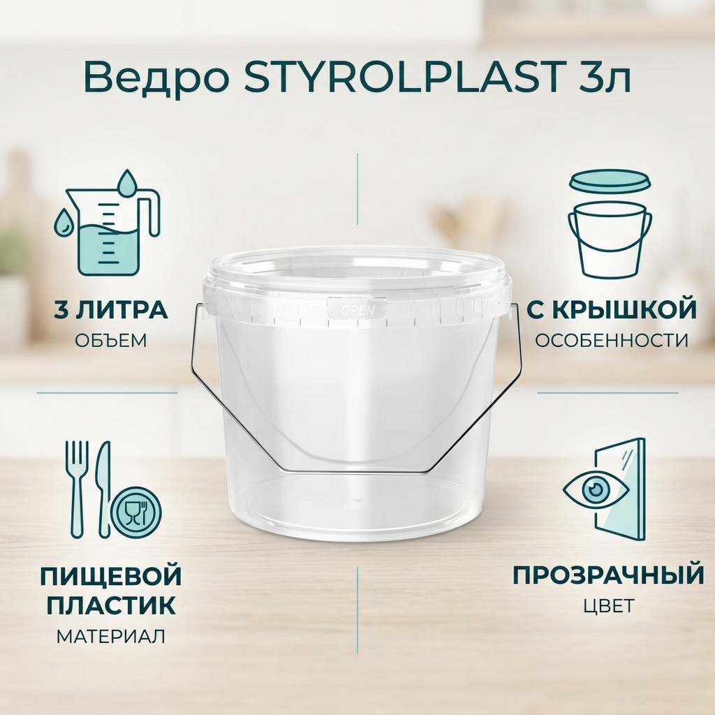 СТИРОЛПЛАСТ ведро 3L прозрачный 1 шт