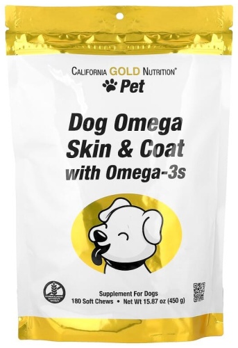 California Gold Nutrition Pet, омега для кожи и шерсти собак, с омега-3, 180 жевательных таблеток, 450 г витамины