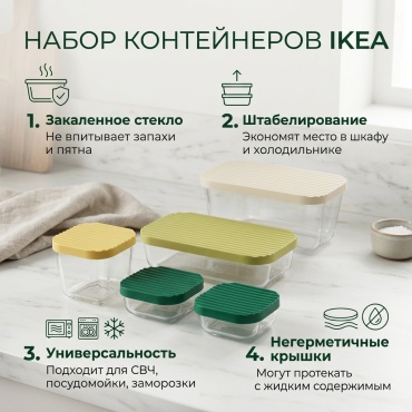 IKEA набор контейнеров 30559275 5 шт, закаленное стекло, пластик