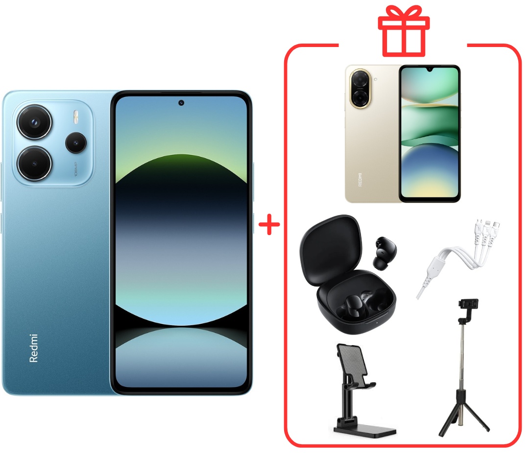 Смартфон Xiaomi Redmi Note 14 + Redmi A5 gold + Redmi Buds 6 Play + подставка для телефона + интерфейсный кабель 3 в 1 + трипод 8 ГБ/256 ГБ голубой