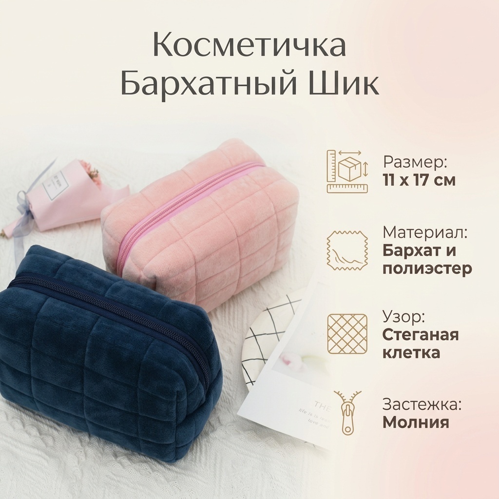 Косметичка полиэстер, бархат розовый 11X17 см