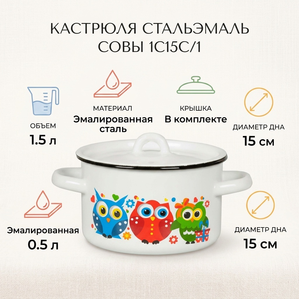 Кастрюля 1.5 л, СтальЭмаль Совы 1с15с/1 сталь