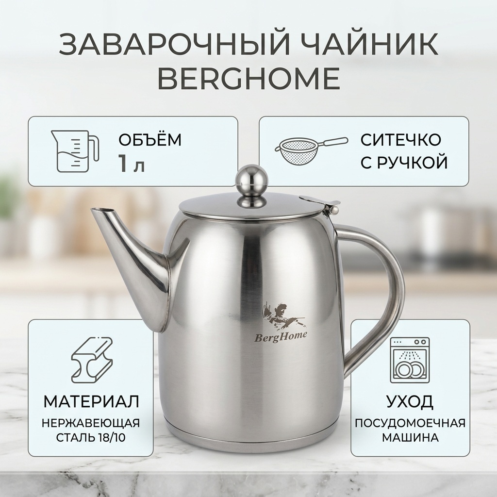 Чайник BergHome 30245521_999777911 1 л, нержавеющая сталь