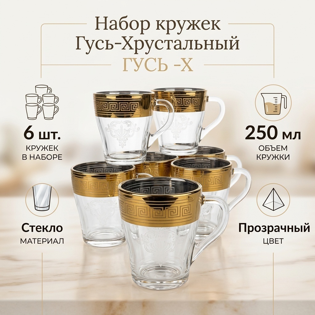 Набор кружек Гусь-Хрустальный отсутствует, 250 мл, стекло, 6 шт.