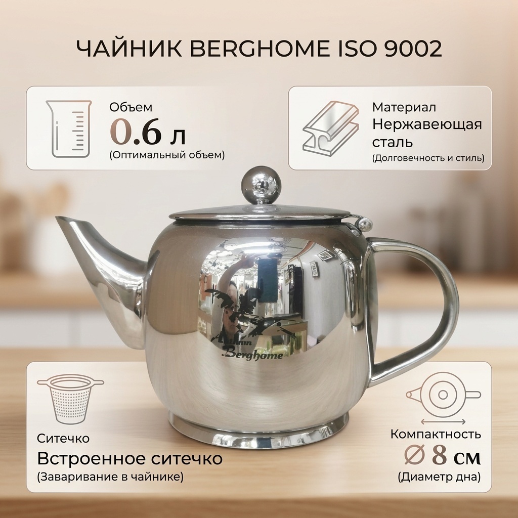 Чайник Berghome ISO 9002 0.6 л, нержавеющая сталь