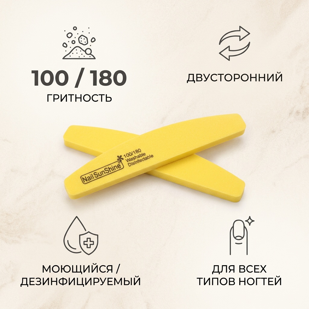 NailSunShine баф для ногтей 100/180 желтый 1 шт