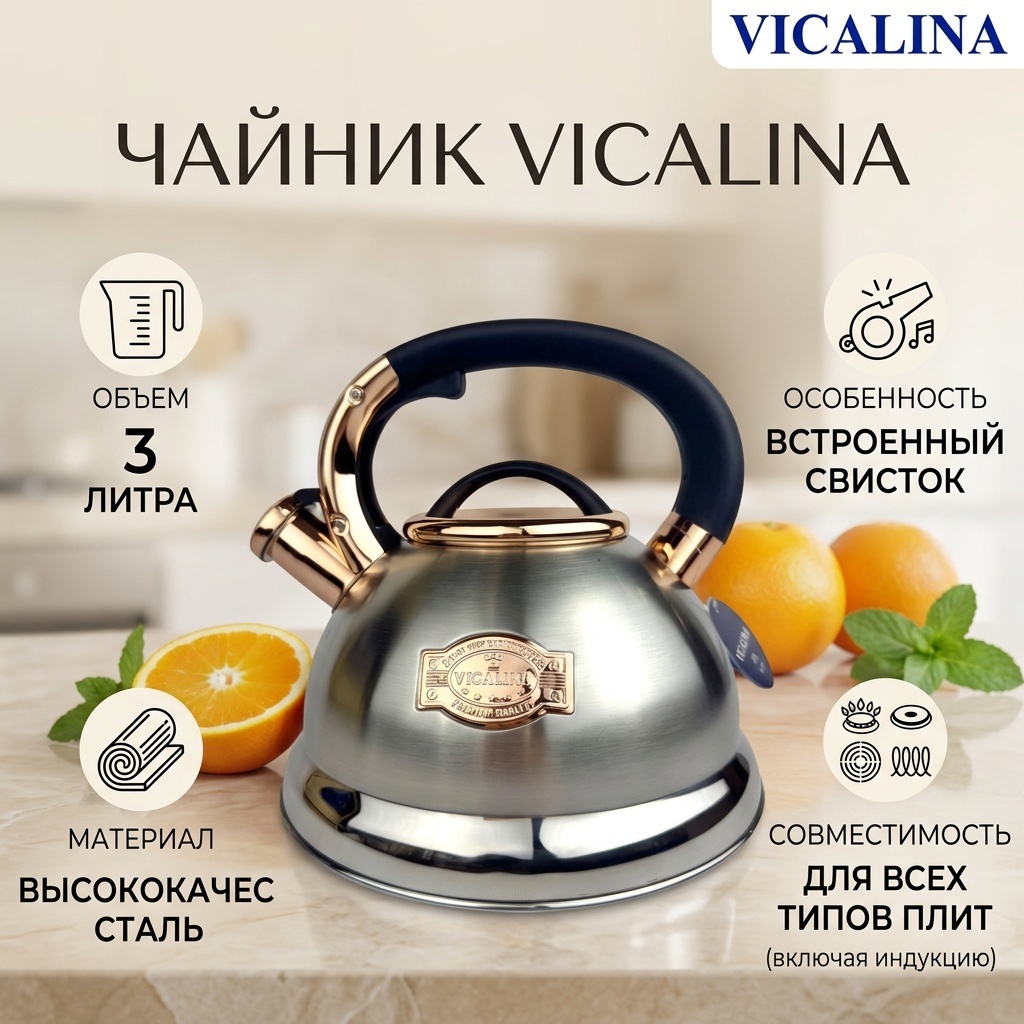 Vicalina чайник 7535/9273 3 л, нержавеющая сталь, пластик