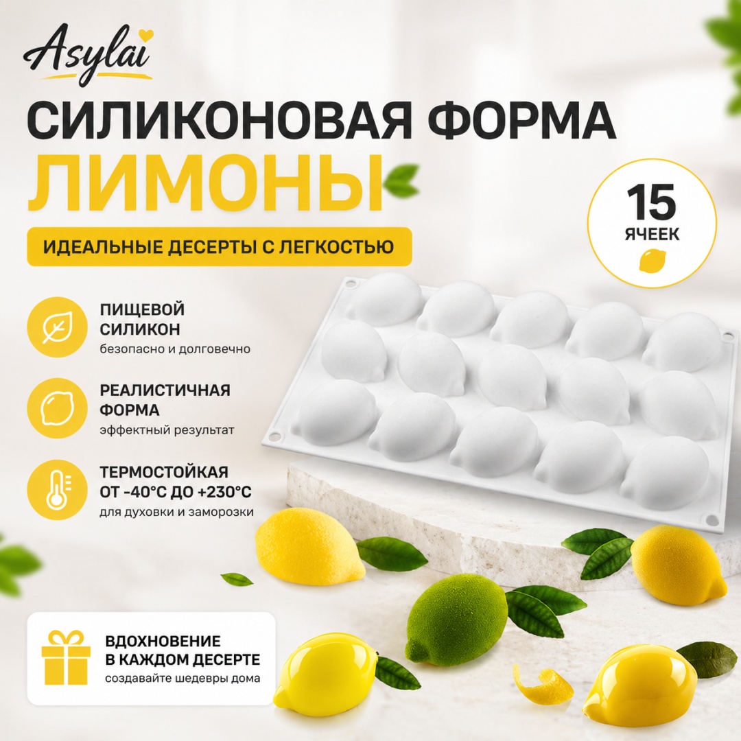 ASYLAI универсальная, для десерта Лимон/ 15 ячеек, силикон