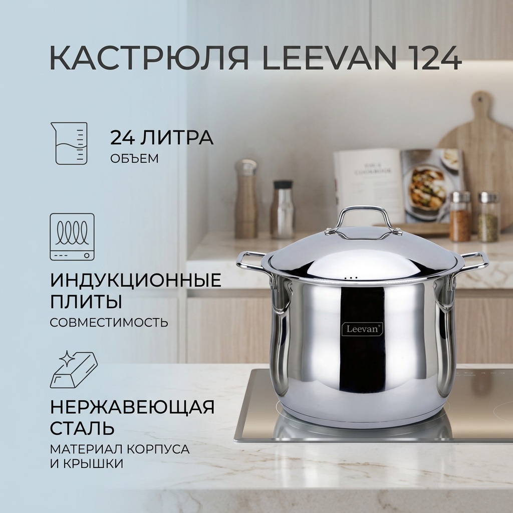 Кастрюля 24 л, Leevan 124 нержавеющая сталь