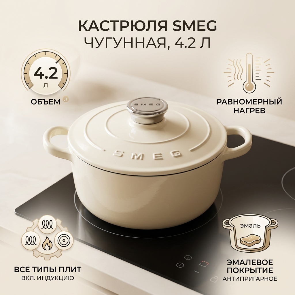 Кастрюля 4.2 л, Alim Smeg чугунная чугун