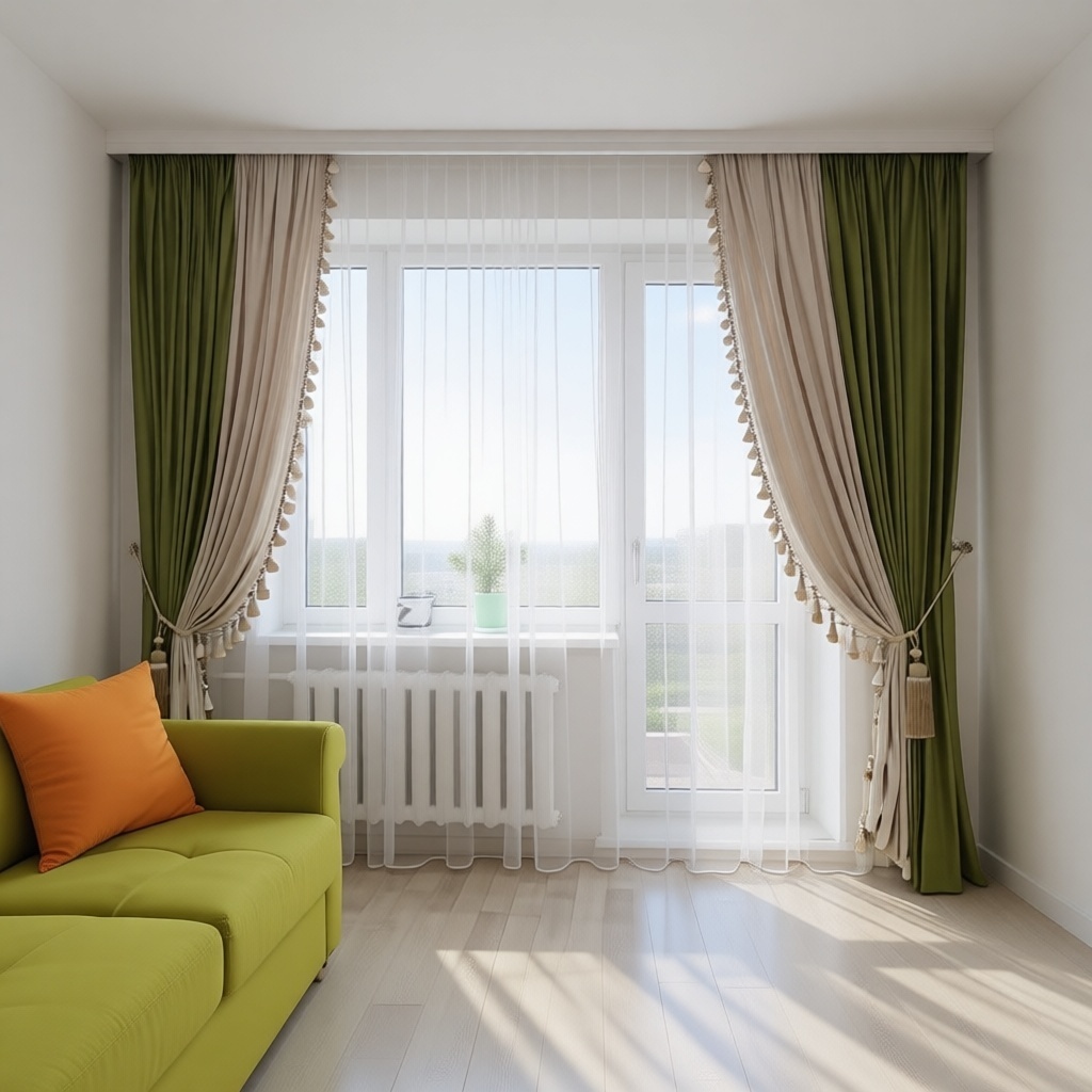 Портьеры Home Textile 400x275 см 4 шт, сетка, велюр, зеленый