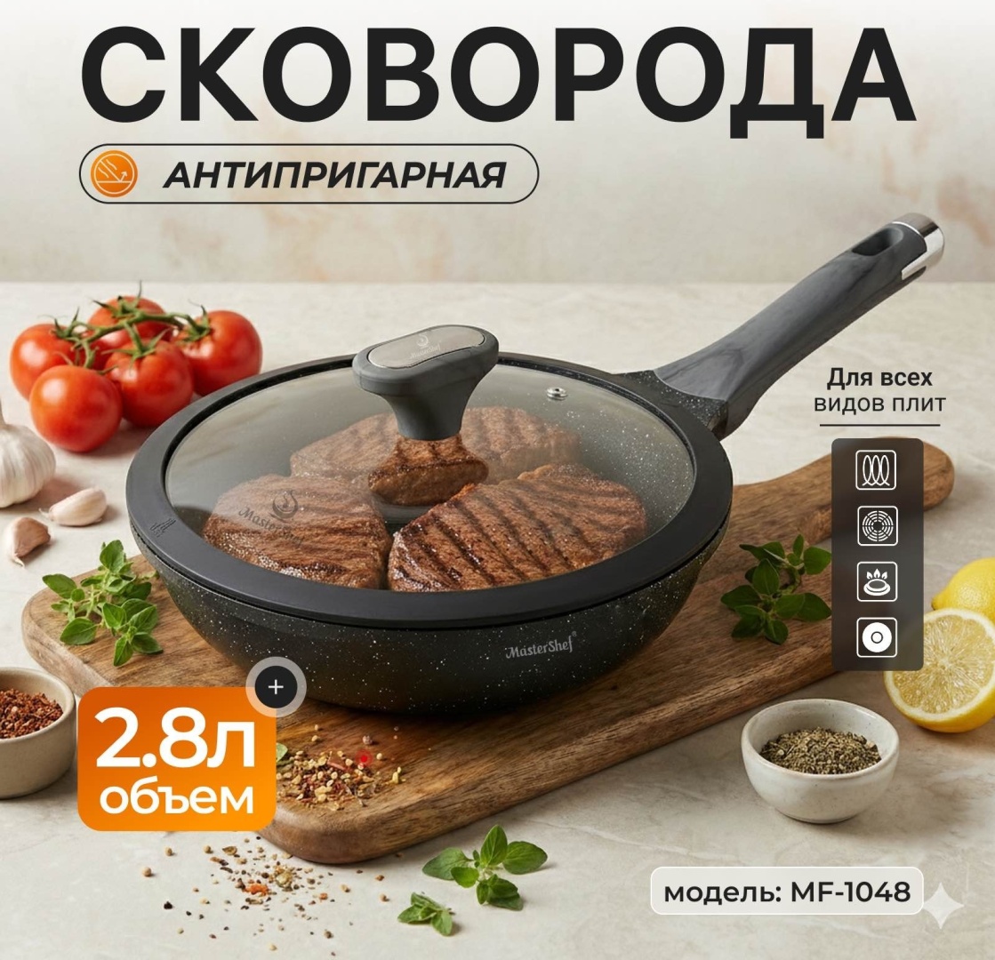 Сковорода MasterShef MF-1048 28 см с антипригарным покрытием, алюминий