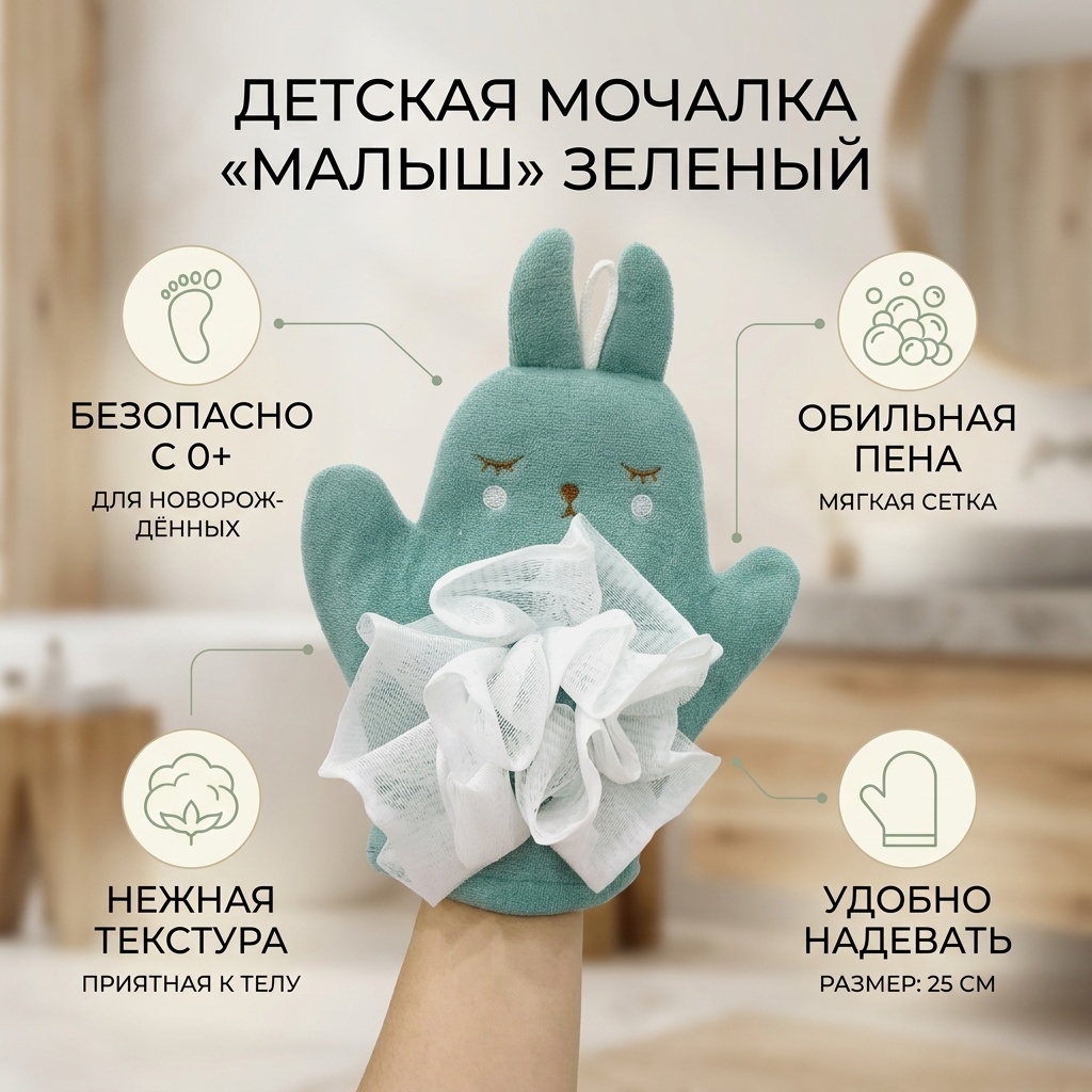 Мама и малыш детская мочалка для тела, универсальное зеленый 1 шт
