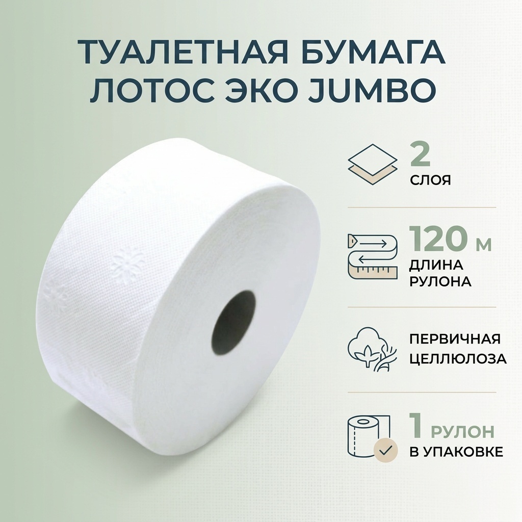 Лотос Эко туалетная бумага 2-слойный 1 шт, первичная целлюлоза