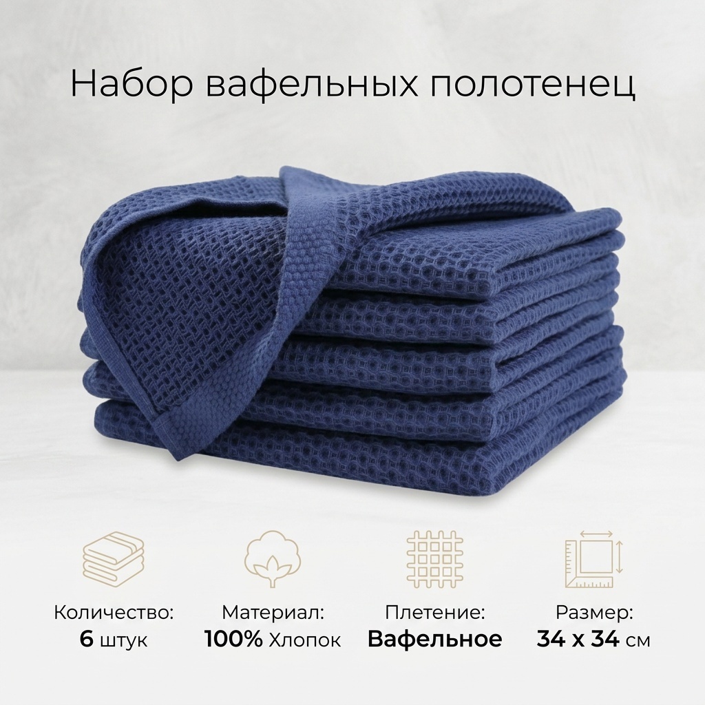 Набор полотенец 34x34 см, хлопок, ткань вафельная, 6 шт,