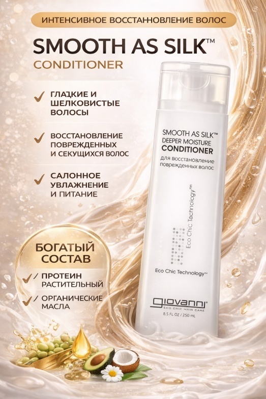Giovanni кондиционер Giovanni, Smooth As Silk, кондиционер для более глубокого увлажнения, для повреждённых волос, 250 мл 250 мл