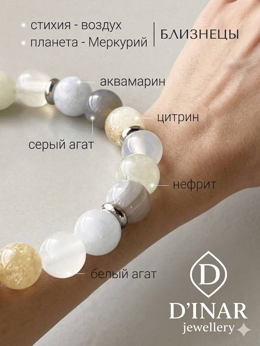 D‘INAR длина 18 см натуральный камень, агат, цитрин, нефрит