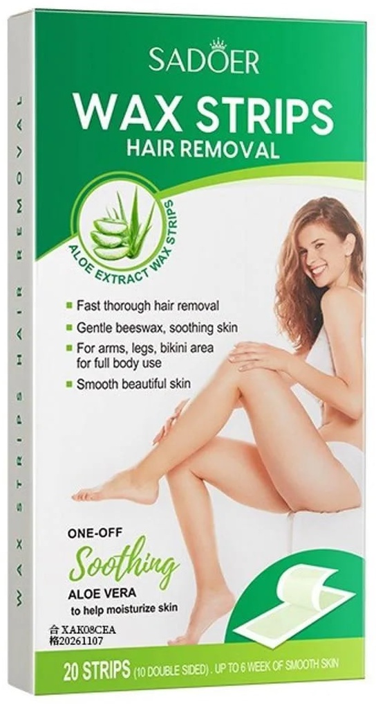 Воск пленочный SADOER Hair Removal Wax Paper - с алоэ вера 20 шт плотность средняя в полосках 20 г