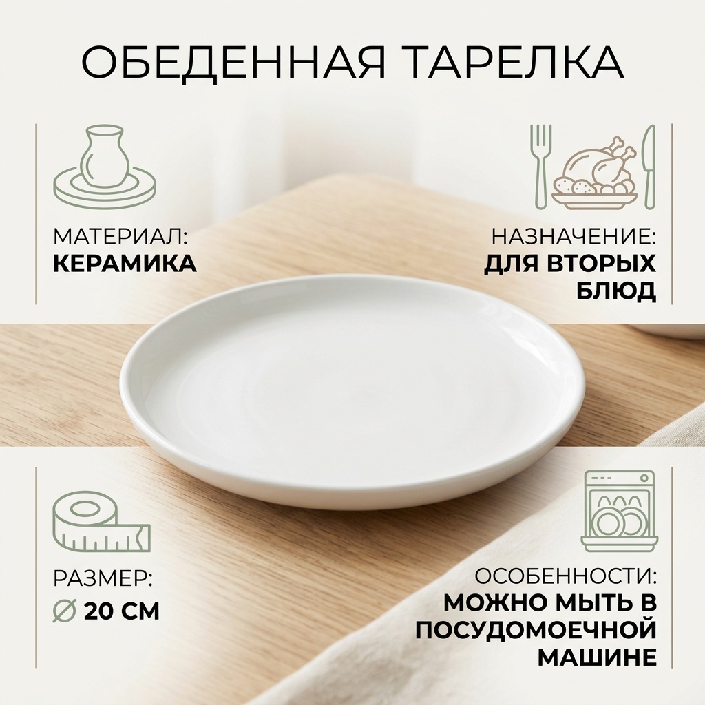 Обеденная тарелка 20 см, 1 шт, керамика