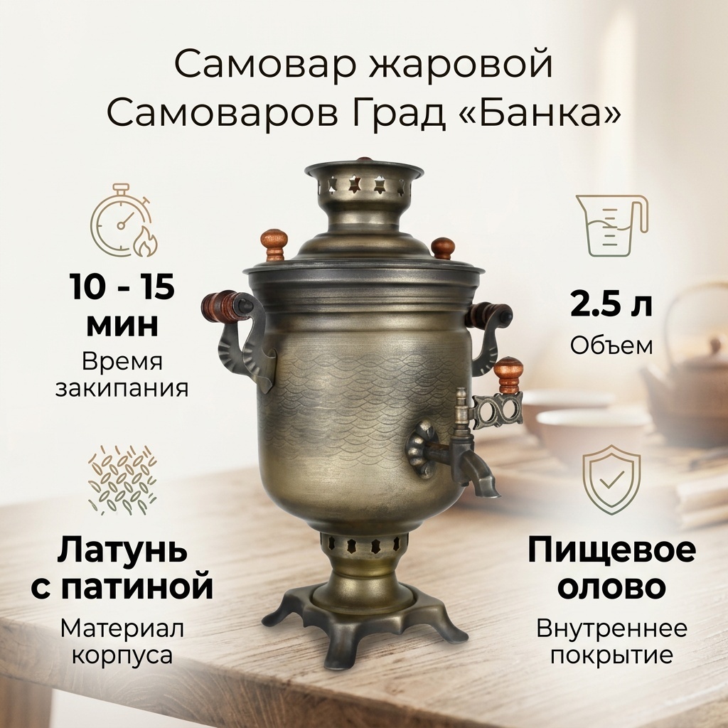 Самоваров Град самовар Самовар жаровой на дровах 2,5 л «Банка» с декором «Патина» 2.5 л, латунь