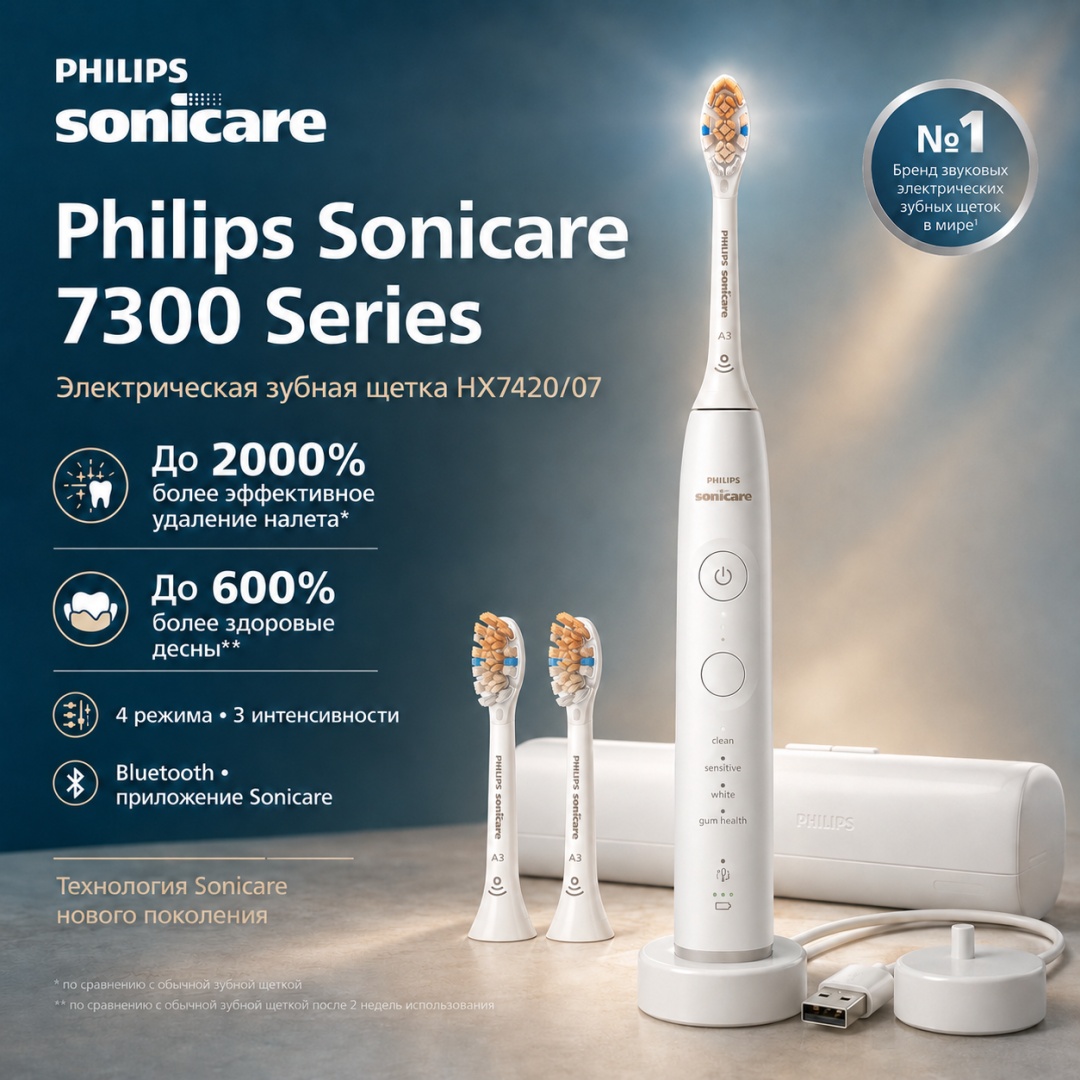 Philips звуковая щетка 7300 Series HX7420/07 щетина средняя белый