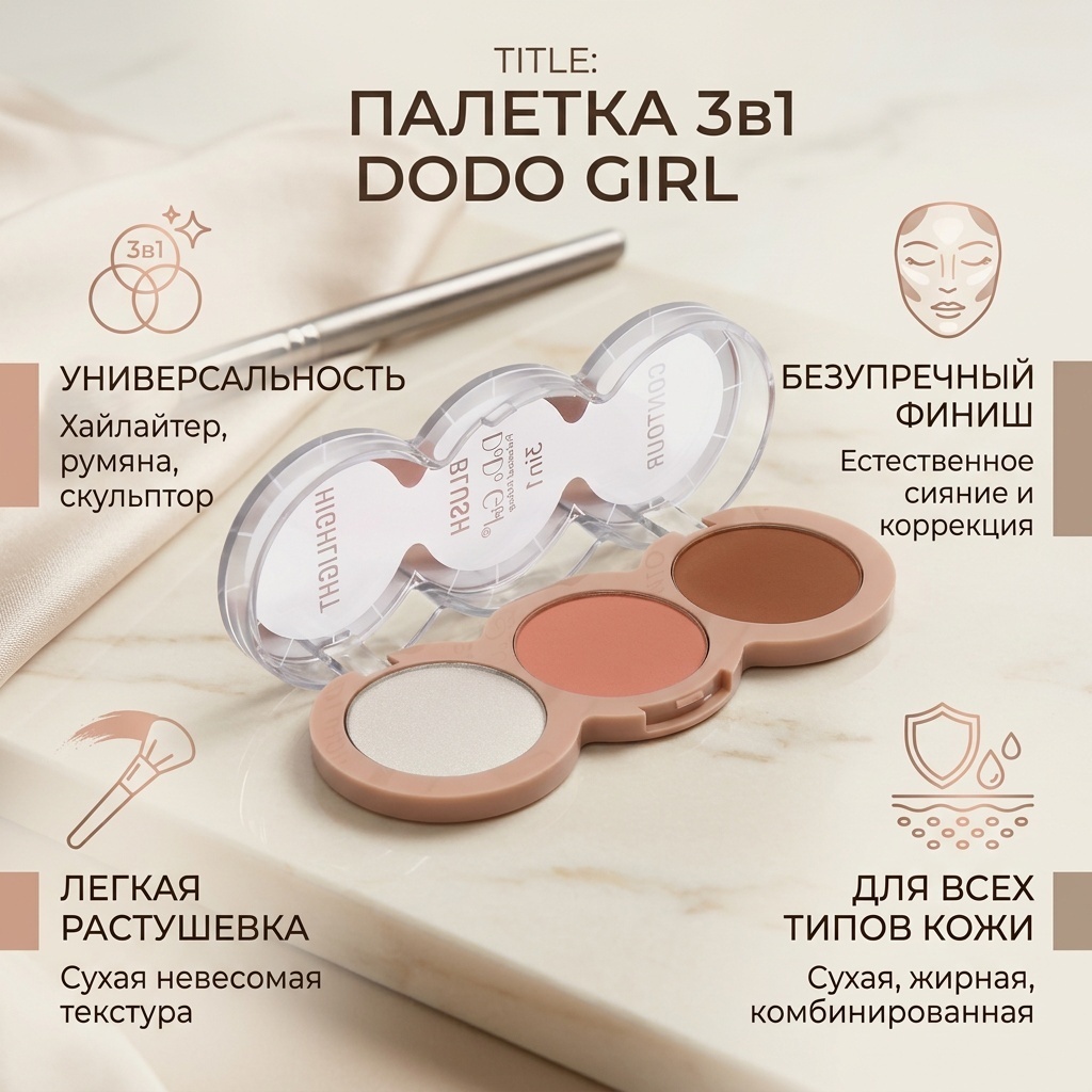 3в1 DoDo Girl румяна, скульптор, хайлайтер 01