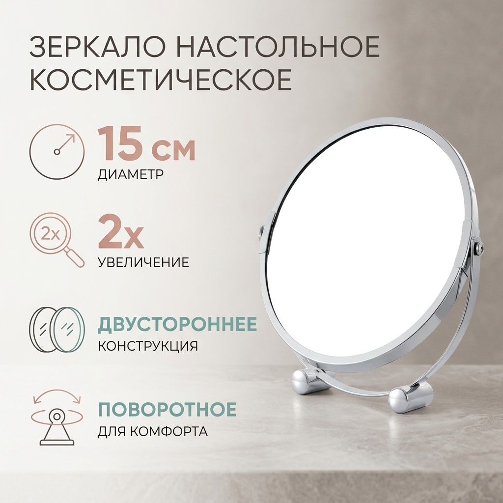 Зеркало настольное косметическое диаметр - 15 см