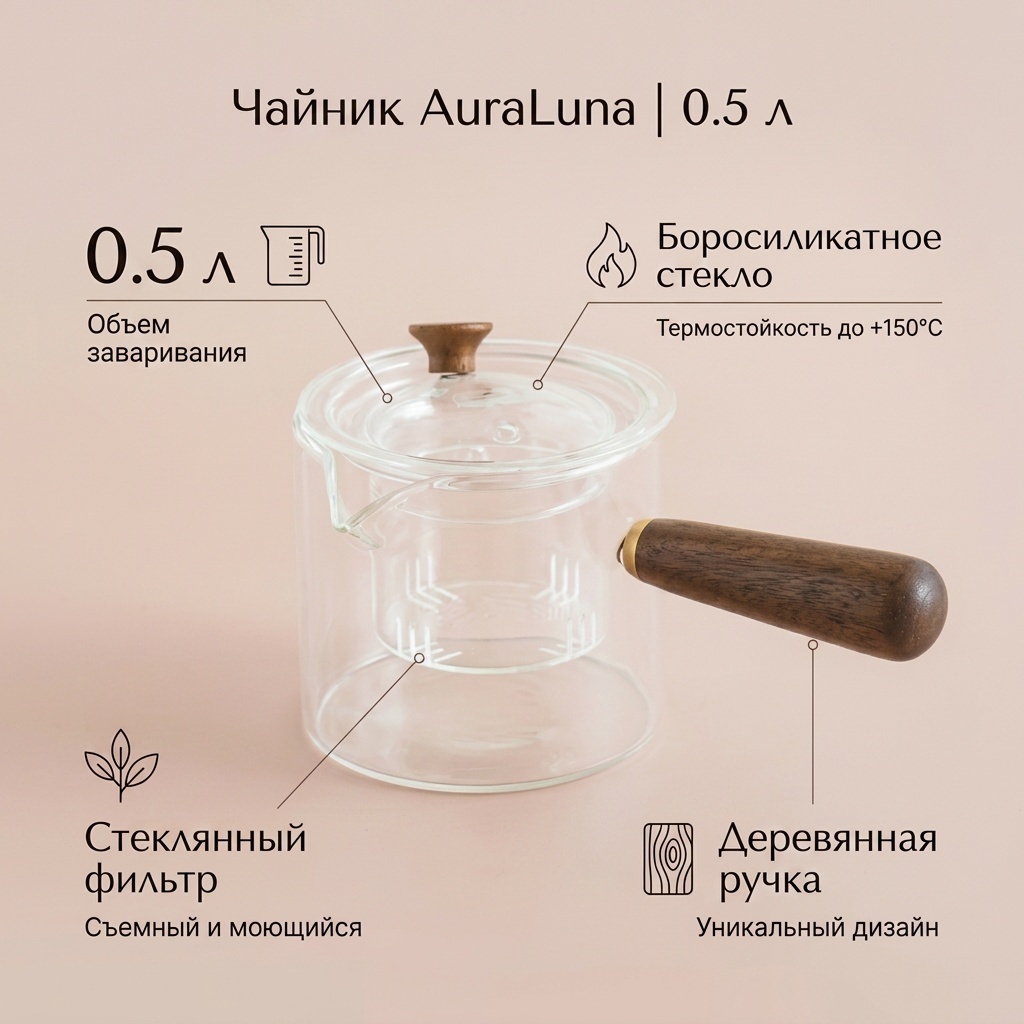 Чайник 1053194 0.5 л, дерево, стекло