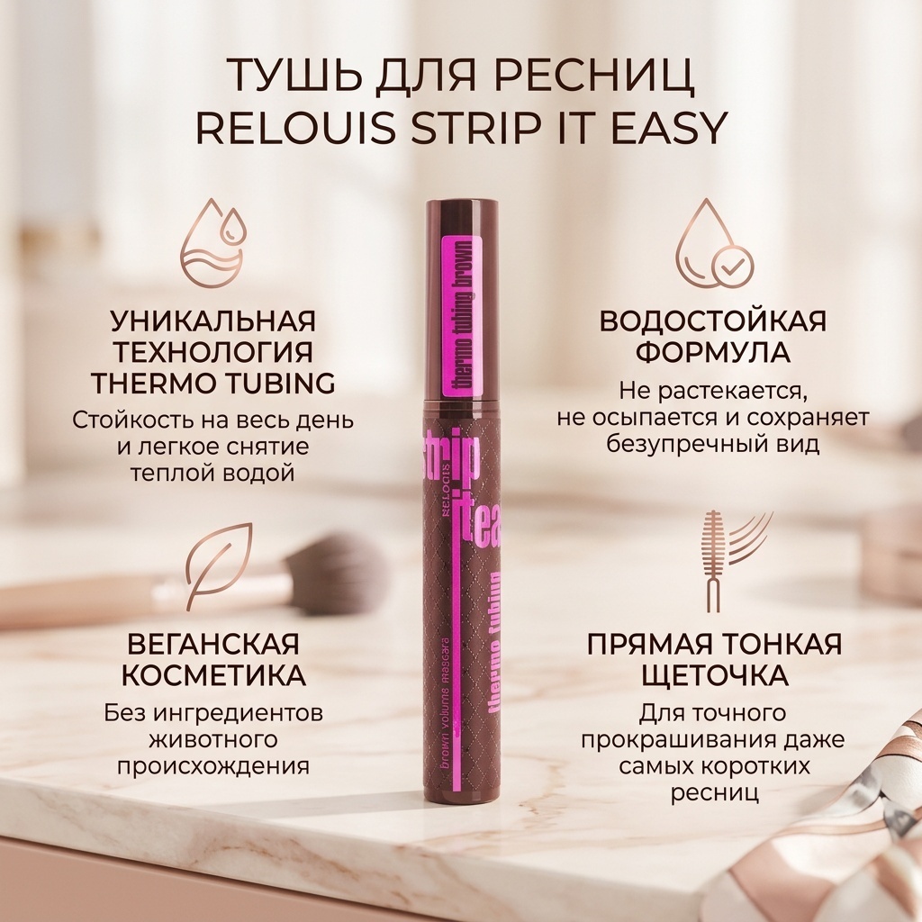 Тушь для ресниц RELOUIS Strip It Easy Thermo Tubing коричневая объемная для объема коричневый