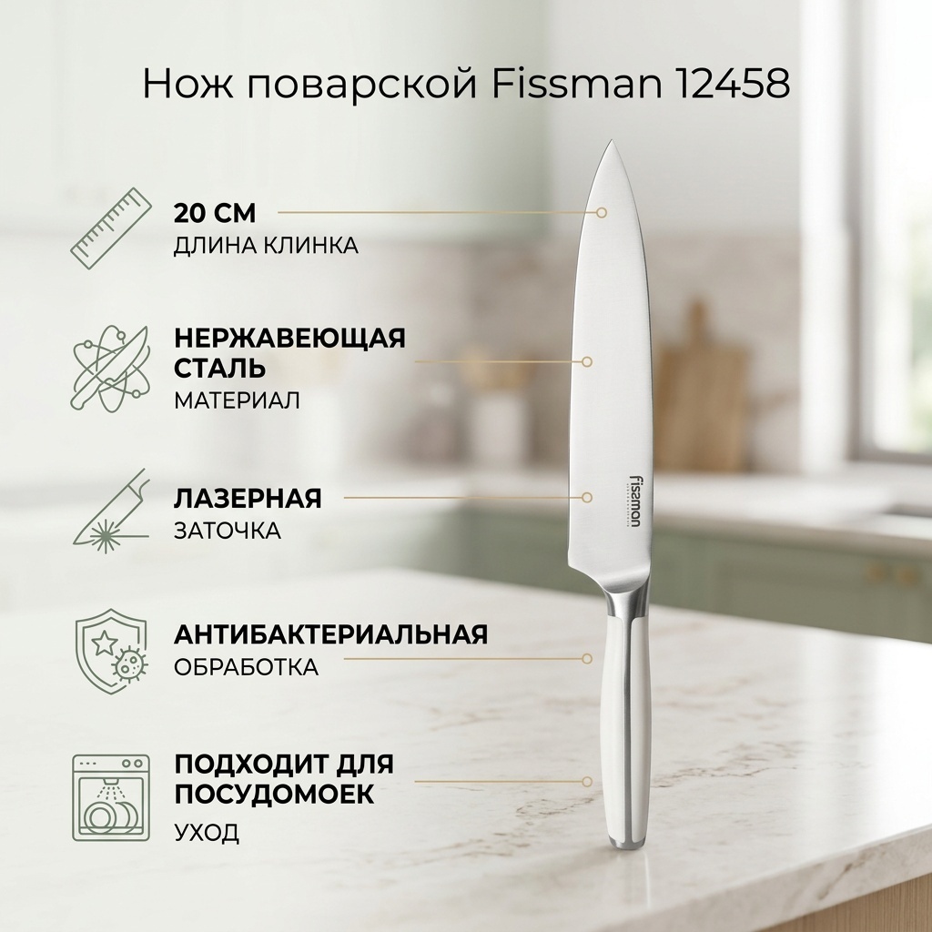 Нож поварской Fissman, лезвие: нержавеющая сталь 1 шт