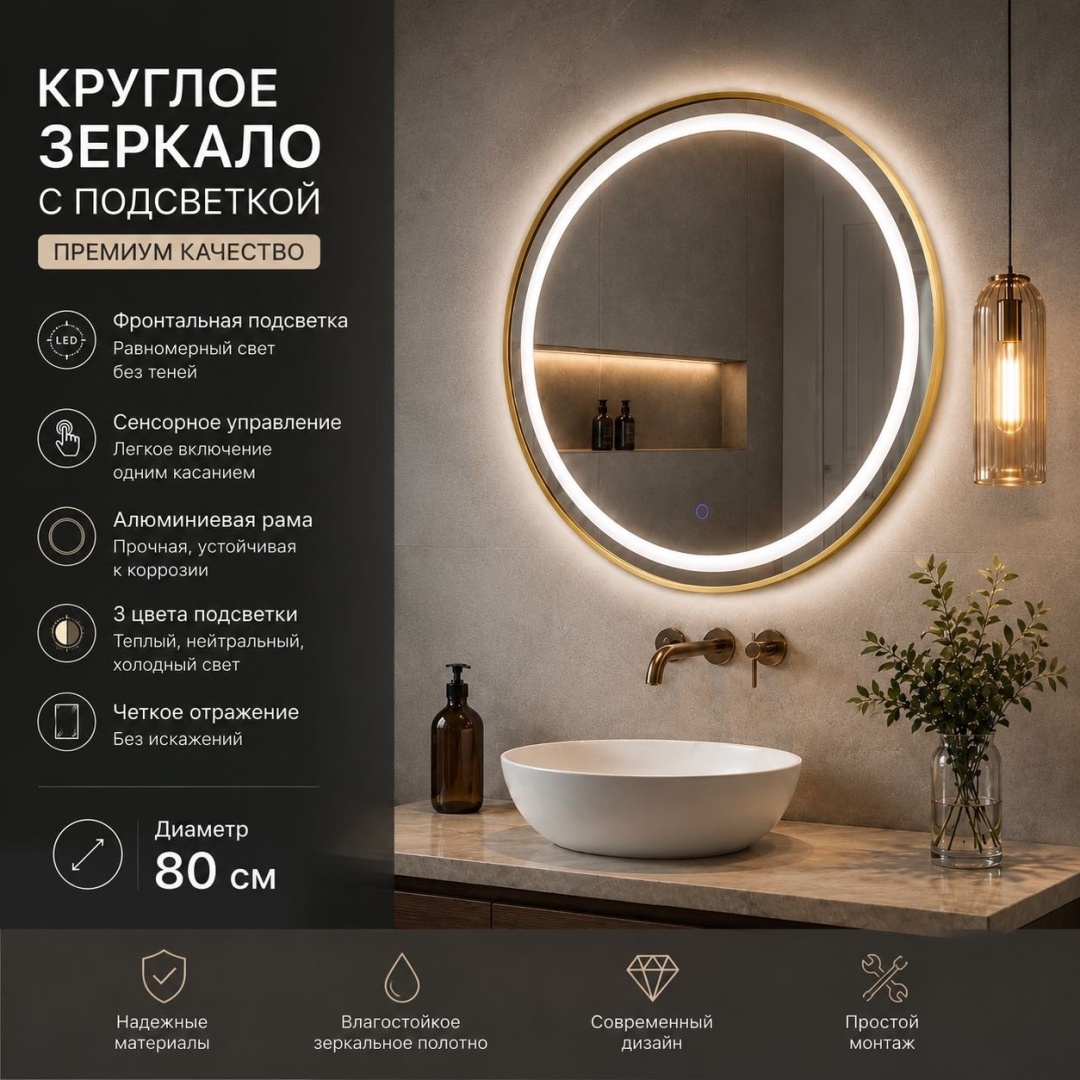 Зеркало настенное Ledlab Led-80-11 80x80 см