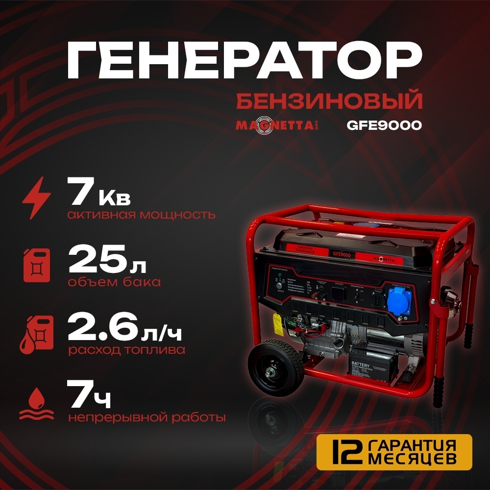 Электростанция бензиновая Magnetta 7 кВт 1 (220 В), GFE9000