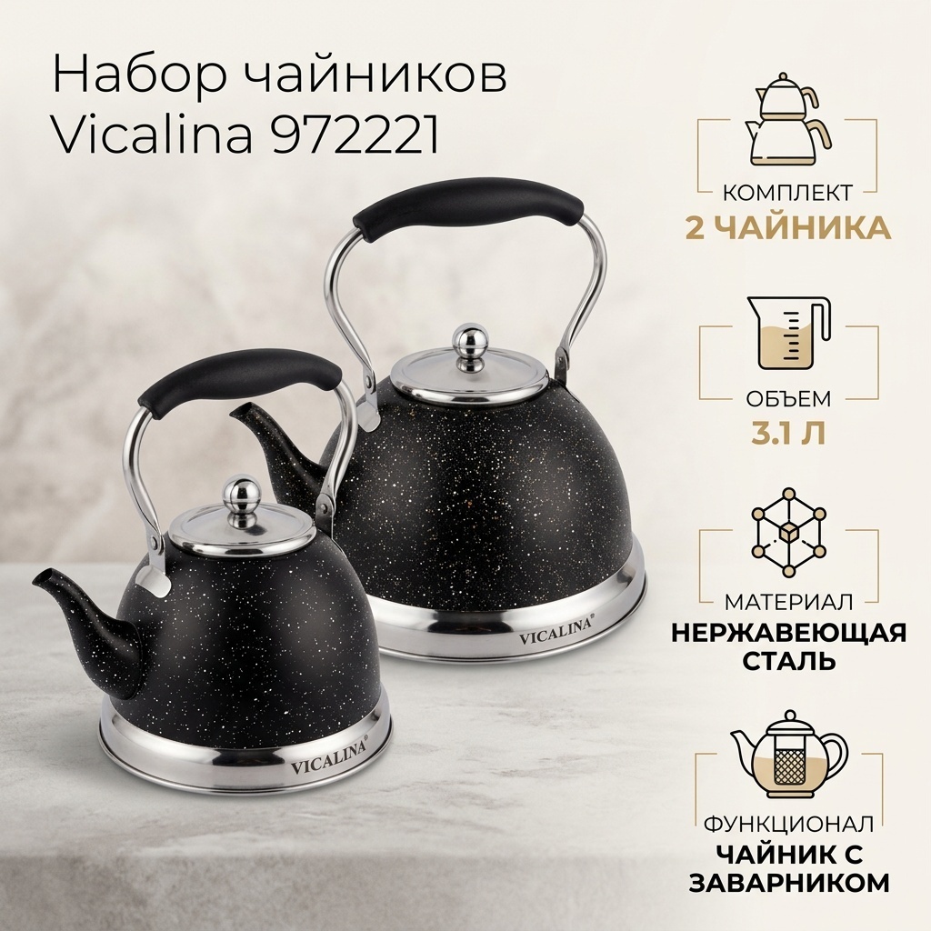 Vicalina набор чайников 972221 3.1 л, нержавеющая сталь, пластик