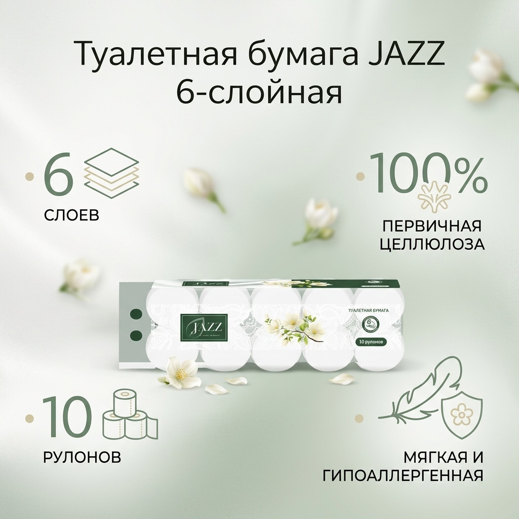 JAZZ туалетная бумага 6-слойный 10 шт, первичная целлюлоза
