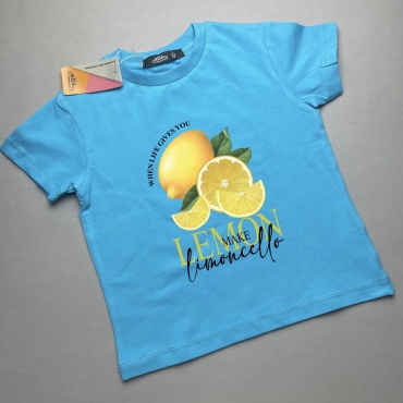 Футболка KOZ timesin лимоны, надпись "WHEN LIFE GIVES YOU LEMON limoncello" голубой