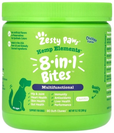 Zesty Paws Hemp Elements , 8-в-1, для собак, для всех возрастов, курица, 90 жевательных таблеток, 360 г витамины