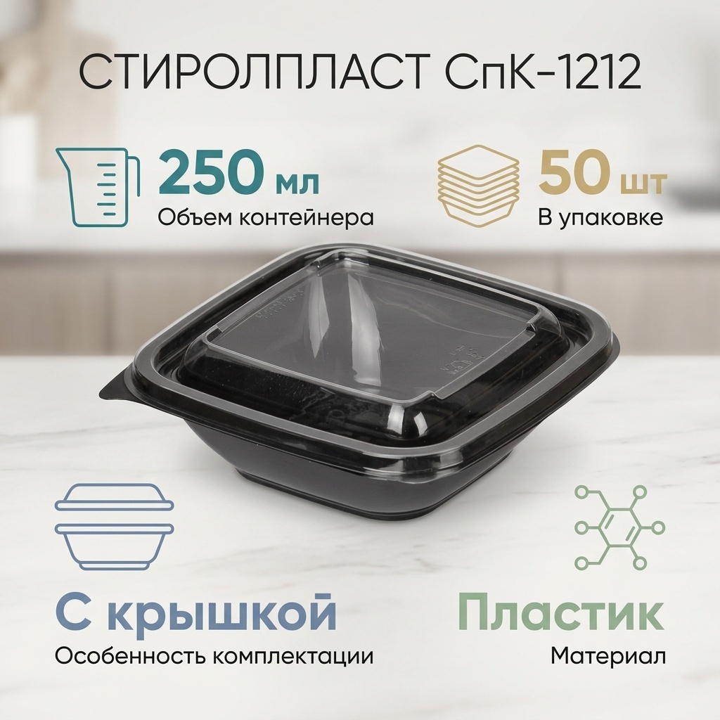 СТИРОЛПЛАСТ СпК-1212 250 мл с крышкой черный 50 шт